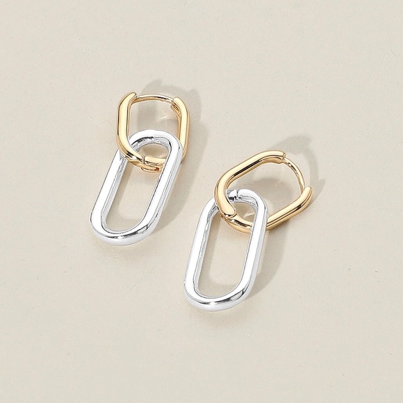 Two Tone Geometric Huggie Earrings - Picture 3 of 3